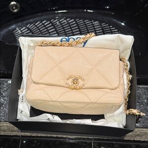 Chanel 19 flap bag light beige lambskin  gold hardware Women's Bag